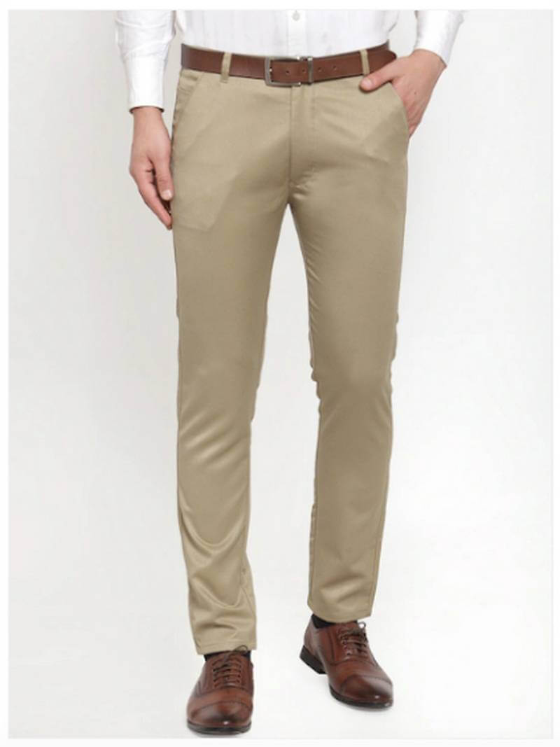 Men Beige Smart Slim Fit Solid Formal Trousers