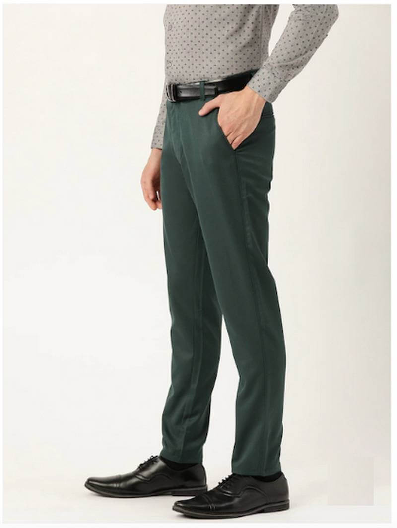 Men Green Smart Regular Fit Solid Formal Trousers