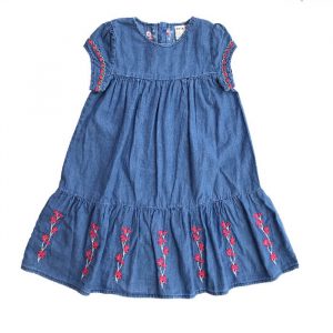 Embroidery Round Neck Fril Denim Dress
