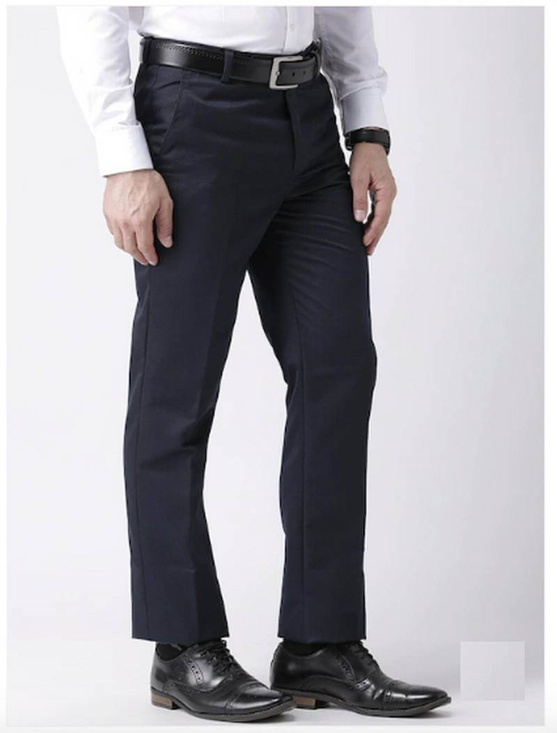 Men Navy Blue Regular Fit Solid Formal Trousers