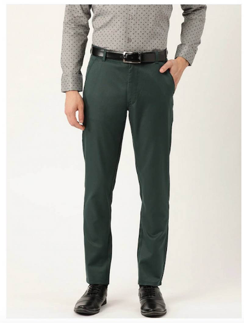 Men Green Smart Regular Fit Solid Formal Trousers