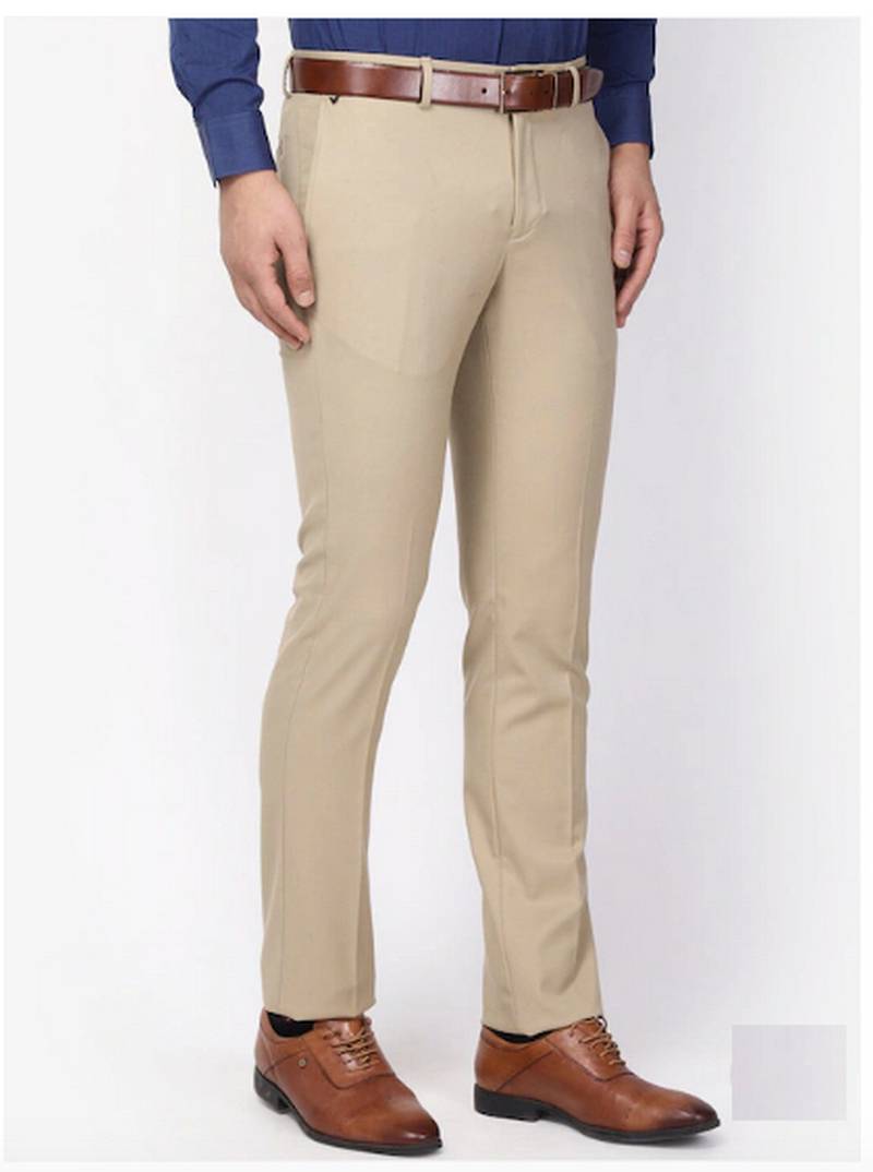 Men Khaki Slim Fit Solid Formal Trousers