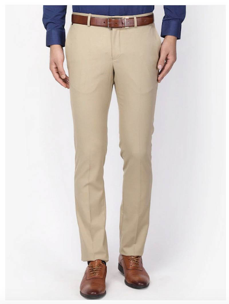 Men Khaki Slim Fit Solid Formal Trousers