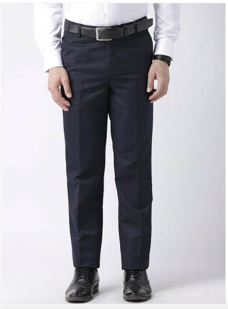 Men Navy Blue Regular Fit Solid Formal Trousers