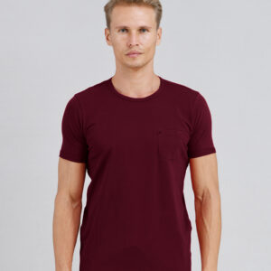 Dark Maroon Solid Colour Folded Short Sleeves Pocket Men's T-Shirt