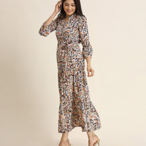 Olivia Floral Print Bell Sleeve Frill Maxi Dress